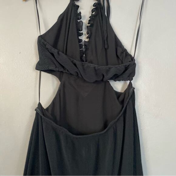 LOVESHACKFANCY Talitha Maxi Dress Crinkle Halter Gown in Black Ruffle Slit Sz L - Picture 10 of 14